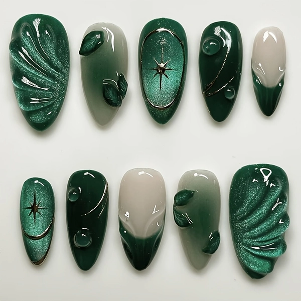 [Chic Cat-Eye Nails] Glossy Green Marble French Cat-Eye Press-On Nails | Medium Almond Shape, Removable Fake Nails with Teal & White Vein Design for a Chic, Cold Look