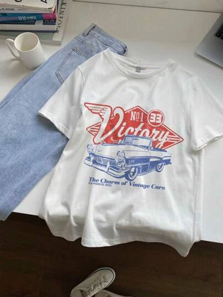 Attitoon Casual Round Neck Vintage Car Print Short Sleeve Fitted T-Shirt For Women, Suitable For Summer Suitable For Going Out