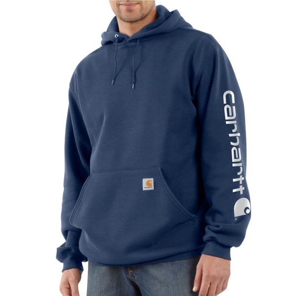 Carhartt Men's Loose Fit Midweight Signature Sleeve Logo Hooded Sweatshirt Navy