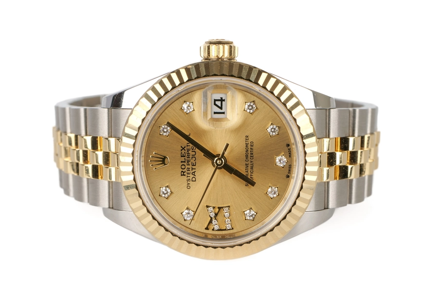 Rolex DateJust 28 Champagne Diamond Dial Flutted Bezel Jubilee Bracelet Two Tone Yellow Gold Steel 279173