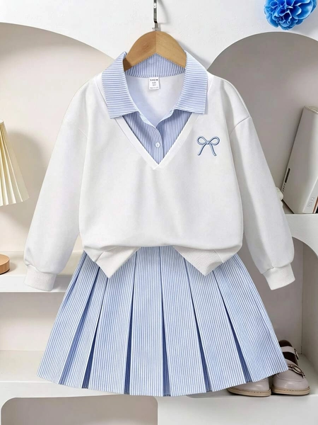 SHEIN Sparklyn Young Girls Casual Preppy Style Spring/Autumn New Bowknot Striped Solid Color Dropped Shoulder Long Sleeve 2 In 1 Sweatshirt + Pleated Striped Skirt 2-Piece Set, Comfortable Back To School Outfit, All Season Wear