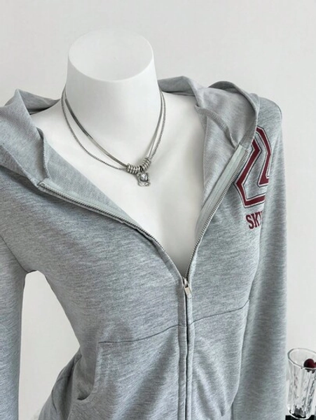 Elamini Autumn Sexy Retro Print Fitted Cinched Waist Cropped Zip Up Hoodie For Women Pullover Fall