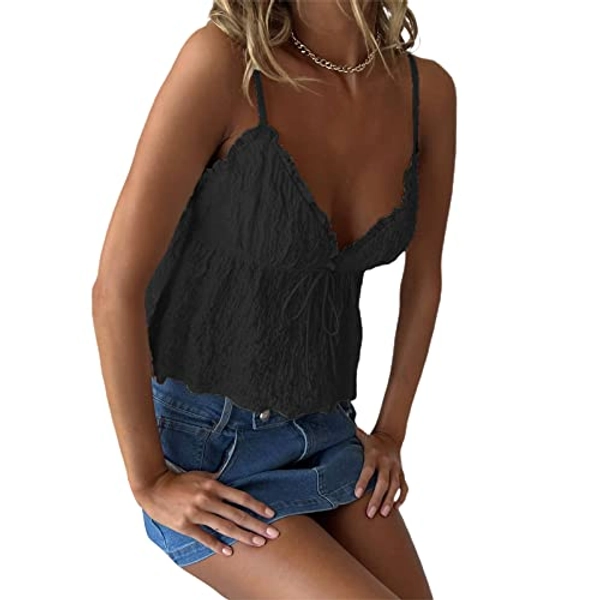 Mxiqqpltky Women Y2K Ruched Camisole Sleeveless Spaghetti Straps V Neck Cami Tops Summer Cute Bow Flowy Tank Tops Streetwear (Black, S)