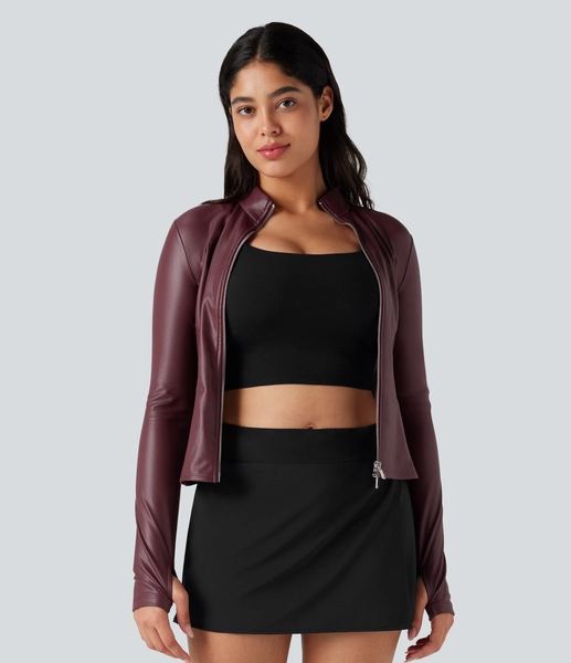 Stand Collar Long Sleeve Thumb Hole Fleece Casual PU Leather Jacket