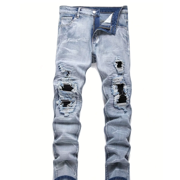 Men‘s Stretchy Denim Jeans Streetwear Tearing Patchwork Holes Ripped Denim Elastic Waist Casual Pants Slim fit Straight Trousers - AliExpress 200000343