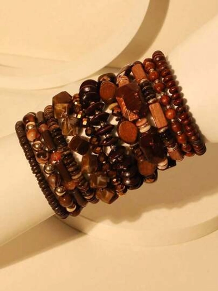 12pcs/Set Bohemian Style Brown Beaded Bracelets, Suitable Women Vacation, Beach & Daily Wear