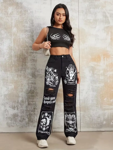 2025 New Style Women's Jeans Women's Spring And Autumn New Hot Selling Street INS Same Style Print Ripped Straight Jeans - AliExpress 200000345