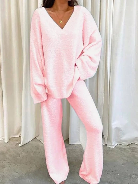 Women's Lounge Set with Long Sleeve V Neck