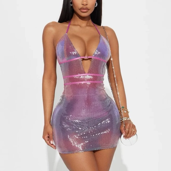 Fashion Nova Cut Out Embellished Halter Sequin Micro Mini Dress