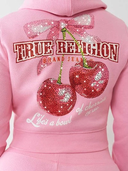 Women's Cherry Shrunken Zip Hoodie | Prism Pink | Size XS | True Religion