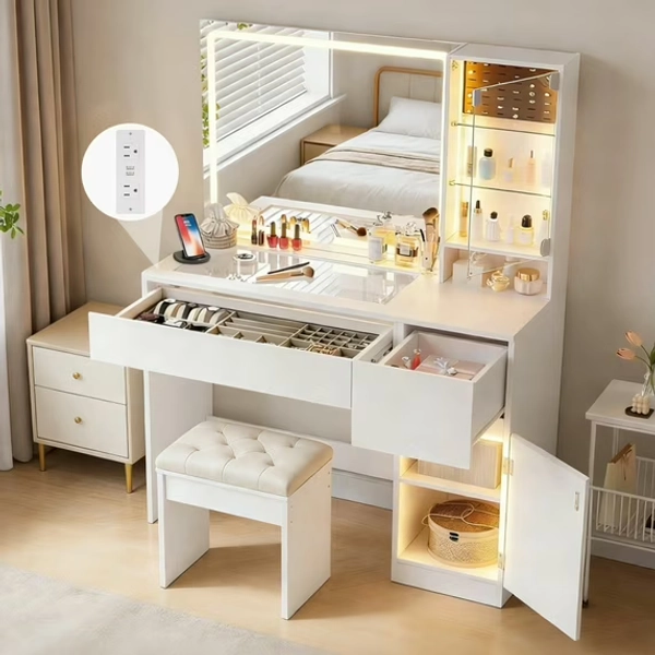 Pipleo 41" Vanity Desk with Glass Top, Makeup Vanity Desk with Mirror and Lights, Modern White Vanity with Power Outlet and 3 Lighting Modes