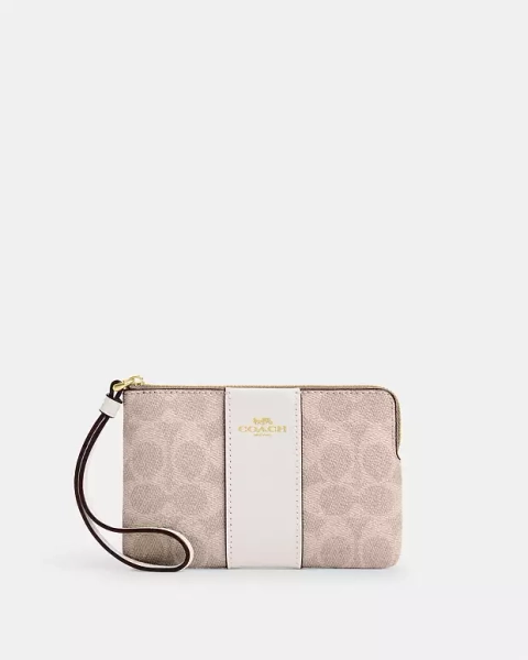 Gold/Sand/Chalk Corner Zip Wristlet In Signature Canvas With Stripe