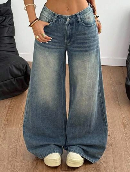 Coolane Teen Girls Fall/Winter Streetwear Basic Casual Loose Washed Wide Leg Jeans,Daily Wear,Back To School,Chic,Daily Wear,Basic,Parent-Child Clothing,Streetwear