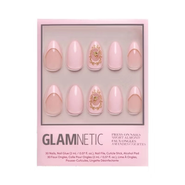 Glamnetics Lover's Crest Fake Nails: Light Pink, Almond Shape, Gloss Finish, 30 Pieces