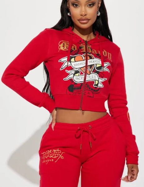Fashion Nova Women's Broken Hearts Ed Hardy Zip Front Hoodie