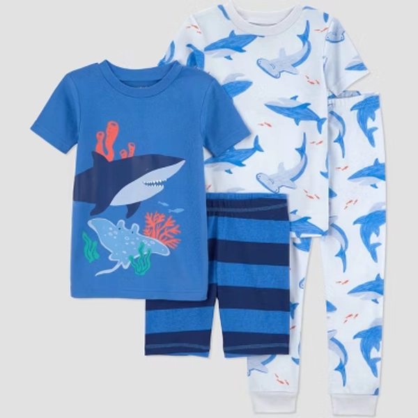 Carter's Just One You® Toddler Boys' 4pc Short Sleeve Cotton Snug Fit Shark Pajama Set - Blue 2T