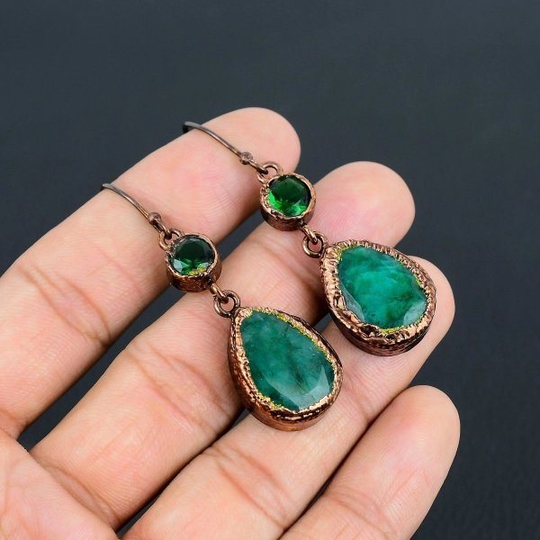 Emerald Earrings, Zambian Emerald Copper Electroformed Earrings, Gemstone Earrings, Handmade Jewelry Dangle Earring Gift For Mother & Wife