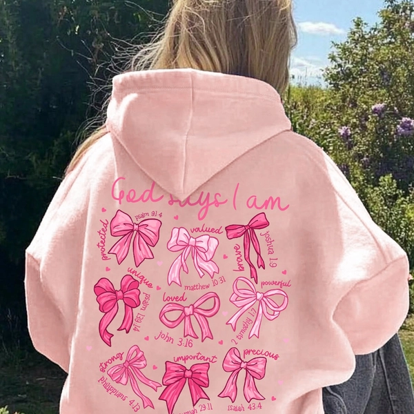 [Girls' Christian Faith Apparel] Sweet Style Hooded Sweatshirt | Girls' Bow Print & "God Says I Am Loved" Back Design | Pastel Purple Christian Faith Apparel, Loose Fit Long Sleeve Pullover, Spring/Fall School Outfits & Daily Commuting, Machine Washable, Casual Wear