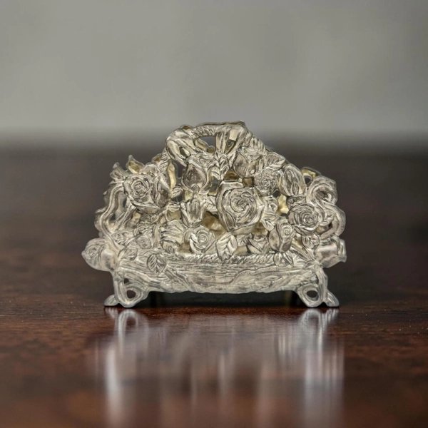 Vintage Silver Plate Napkin Holder: Embossed Rose Floral Victorian Style Table Decor