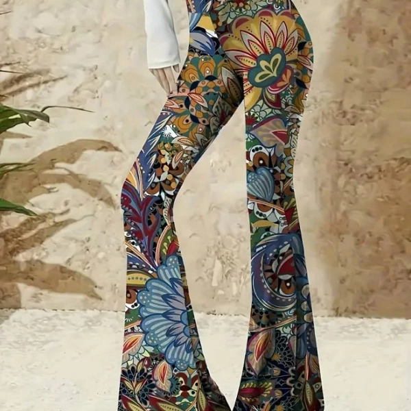Women's High-Waisted Flared Wide-Leg Pants with Vintage Floral Print