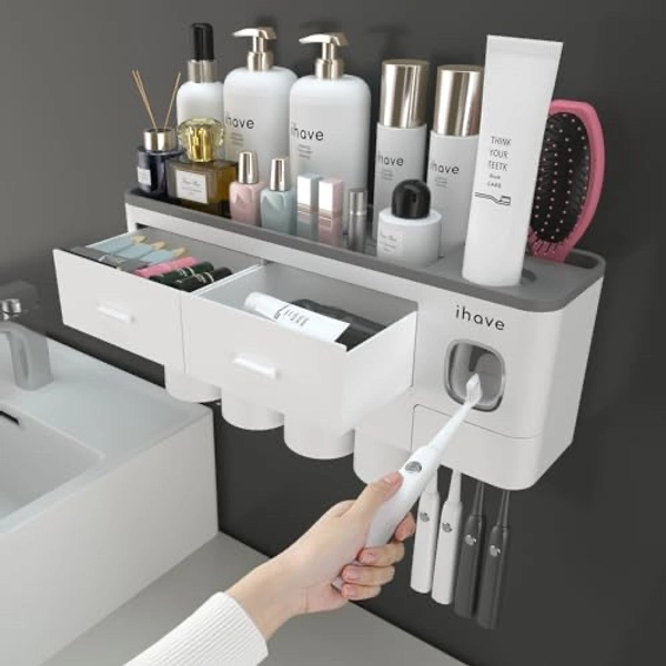 iHave Toothbrush Holders for Bathrooms, 4 Cups Toothbrush Holder Wall Mounted with Toothpaste Dispenser - Large Capacity Tray, 2 Cosmetic Drawer - Bathroom Organizer & Bathroom Accessories Se