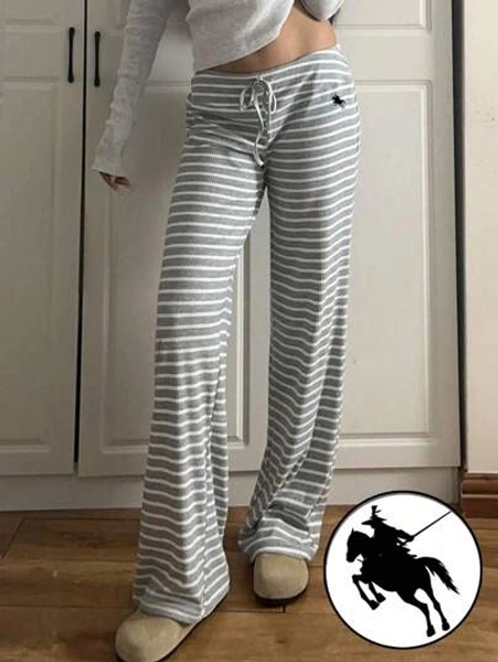 SHEIN EZwear Low Waist Striped Brushed Drawstring Waist Small Horse Print Yoga & Lounge Wide Leg Pants, Autumn/Winter - Size M