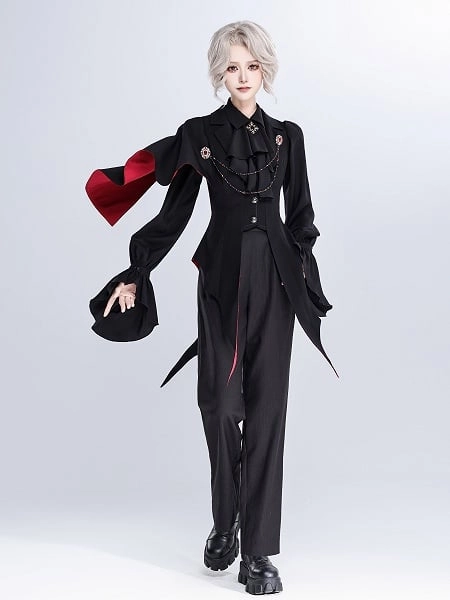 Halloween Vampire Black and Red Curved Split-Tail Waistcoat with One-Shoulder Cape Design