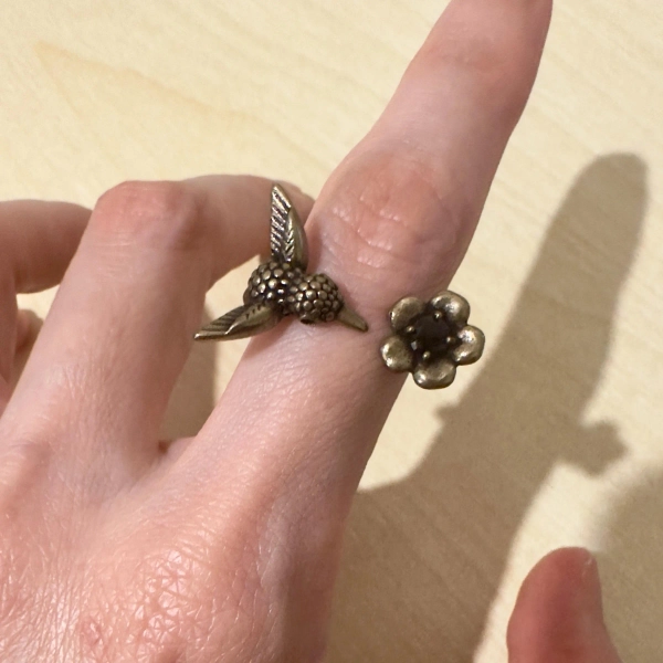 Hummingbird & Flower Adjustable Ring – Nature Lover Jewelry, Boho Bird Ring, Garden-Inspired Gift for Her