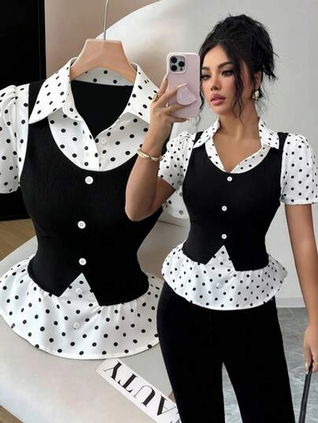 Elenzga Women's White With Black Polka Dots,Summer 70s Retro Patchwork Ribbed Fabric Shirt Collar Short Sleeve Top,Elegant Sophisticated Work Formal Top - Size XL