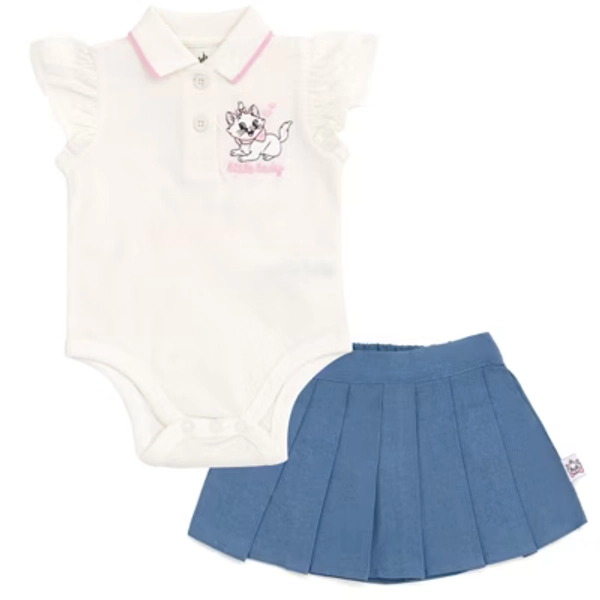 Disney Classics The Aristocats Newborn Baby Girls Bodysuit and Chambray Pleated Skirt Outfit Set White / Blue Marie Newborn