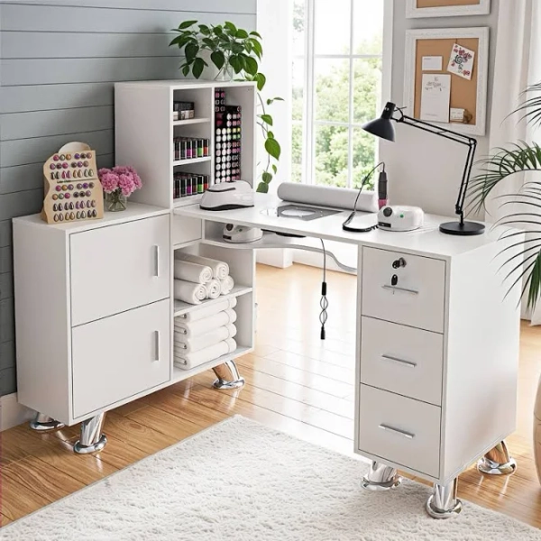 Advwin L-Shaped Manicure Table with Drawers and Shelves