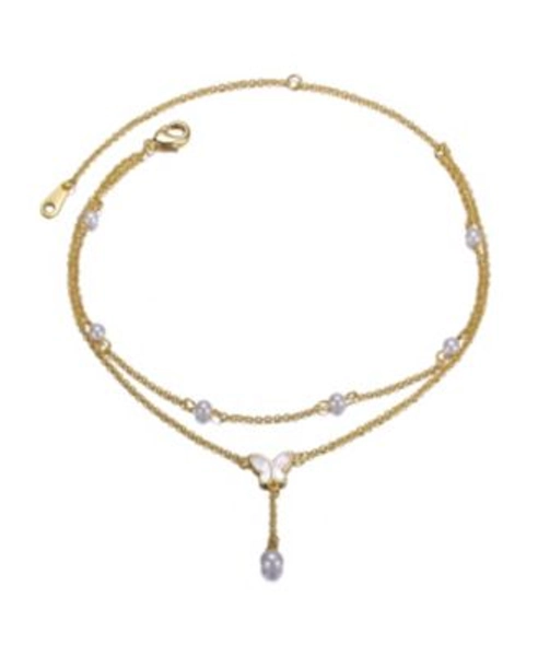 14K Gold Plated Double Layer Pearl and Butterfly Anklet