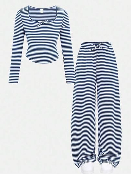 SHEIN Tween Girls Casual Everyday Fitted U-Neck Long Sleeve Blue & White Striped Bow Decor Knit T-Shirt Top And Matching Straight Leg Wide Pants 2 Pieces Stretchy Knit Striped Outfit, Comfortable Activewear Set Fall Winter