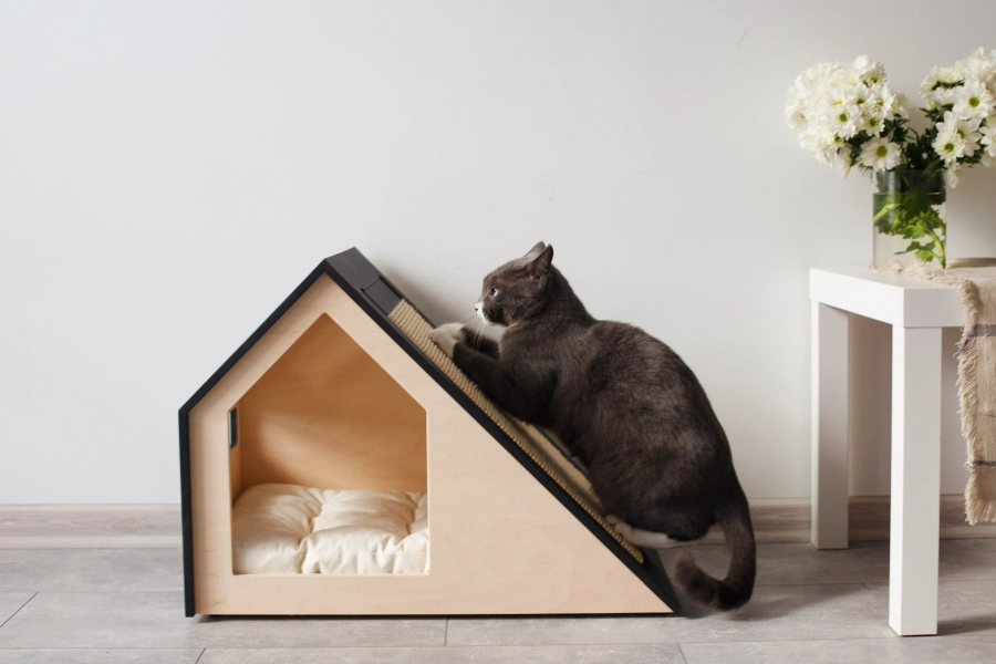 Modern cat house with changeable scratcher/cat bed/cat pillow/wooden cat house/cat kenne/cat furniture/cat cave/cat scratching