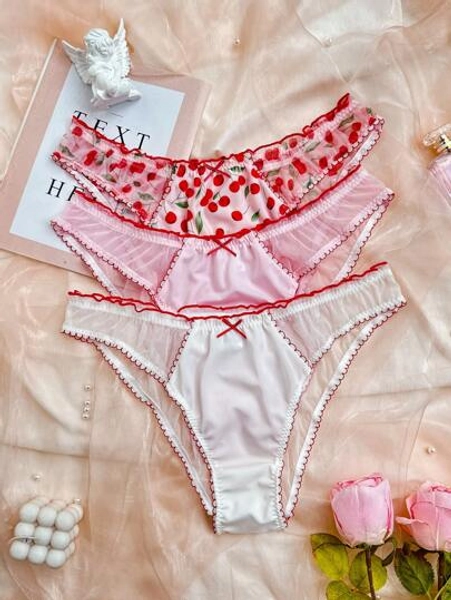 PetitDoll 3pcs/Set Plus Size Contrast Mesh Color-Block Trim Panties Lingerie