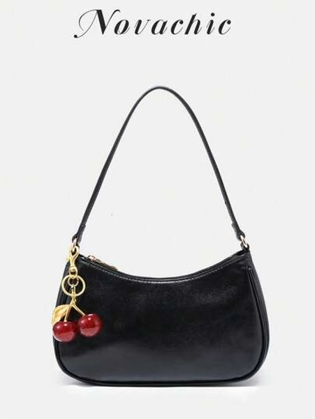 Novachic, Women's Fall Outfits, Floral Patterned Fabric, Cute Pendant Decor, Cherry Pendant, Women's Minimalist One Shoulder Bag, Zipper Closure, Retro Style, Underarm Bag, Suitable For Multiple Occasions