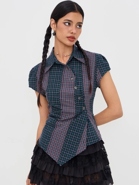 Asymmetrical Button Two Tone Patched Shirt