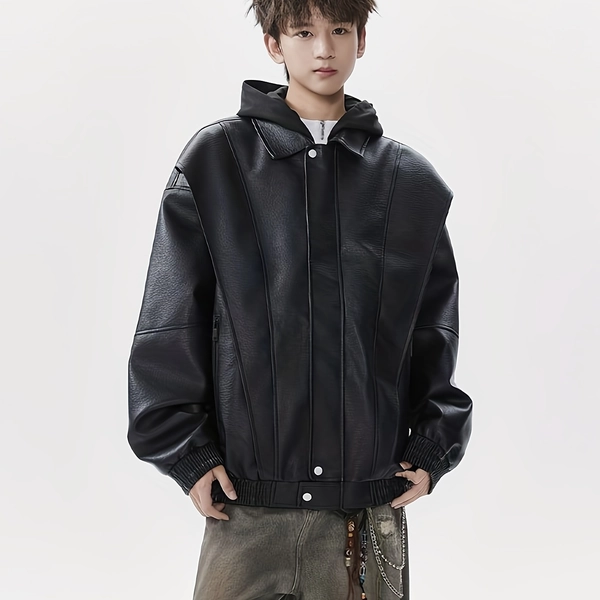 Men'S Thickened Faux Leather Motorcycle Jacket with Spliced Hooded Design, Full-Zip Closure & Full-Zip Front - Windproof Insulated Winter Coat, Loose Fit Biker Outerwear, Lining, Casual & Riding Jacket for Men (Black) - Stylish & Durable, Easy-Care, Motorcycle Gear, Jacket for Men, Motorcycle Jacket Men with, Motorcycle Jacket for Men, Motorcycle Gear for Men, Motorcycle Jacket Men, Style Clothe For Men, Bomber Jacket Men, Men' Clothe, Winter Jacket For Men, Punk Jacket Men