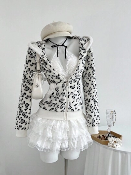 Elamini 1pc Black & White Casual Cute Contrast Color Flannel Thermal Lined Printed Leopard Heart Zip-Up Soft Sweatshirt Jacket For Women, Back To School Season