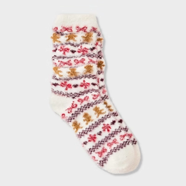 Women's Gingerbread Man & Bows Christmas Fuzzy Eyelash Slouch Cozy Crew Socks - Wild Fable™ Ivory/Tan/Red 4-10