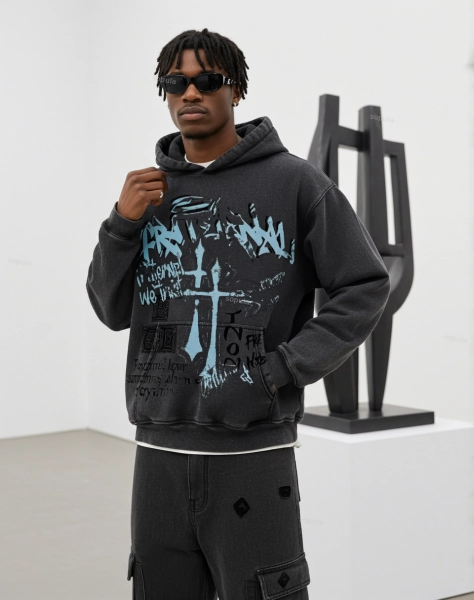 Vintage Fraternal Double Cross Graphic Acid Washed Oversized Hoodie