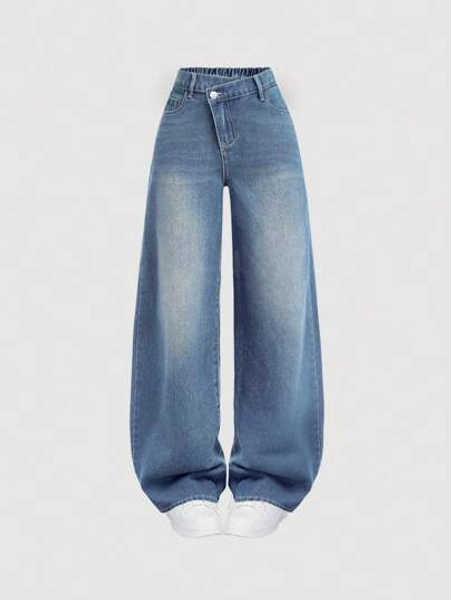 SHEIN Girlism Teen Girl Y2K Loose Fit Casual Denim Pants With Pockets And Wide Legs, Teen Girl Summer Break Clothes Denim Jeans OutfitS.