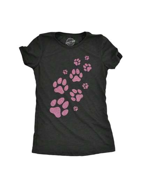 Womens Glitter Dog Paw Prints T Shirt Funny Cute Pet Puppy Lover Graphic Novelty Tee For Ladies Funny Womens T Shirts Cute Vintage Fashion Casual Ladies T-Shirt Gift