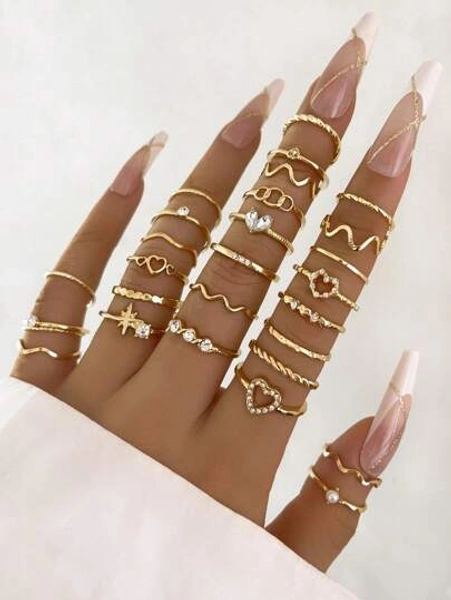 28pcs/Set Women's Fashionable Crystal Heart & Geometric Design Ring Set