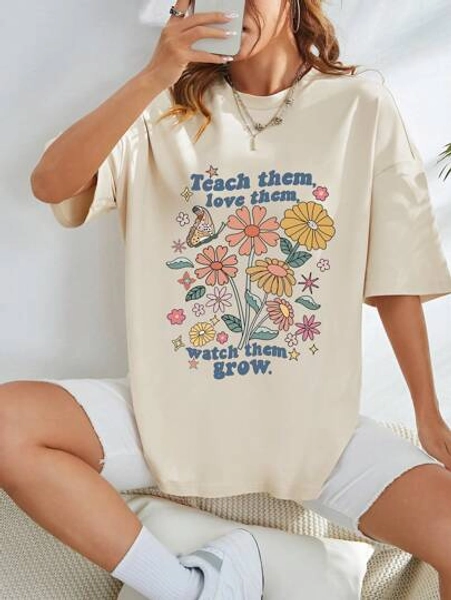 INAWLY Floral & Slogan Graphic Drop Shoulder Tee Teach Them, Love Them, Watch Them Grow Graphic Tees Women Tops