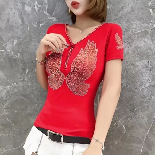 New Fashion Sexy V Neck Zipper Women's T-shirt For Summer Short Sleeve Casual Cotton Tops Hot Diamonds Tees Shirt - AliExpress 200000345
