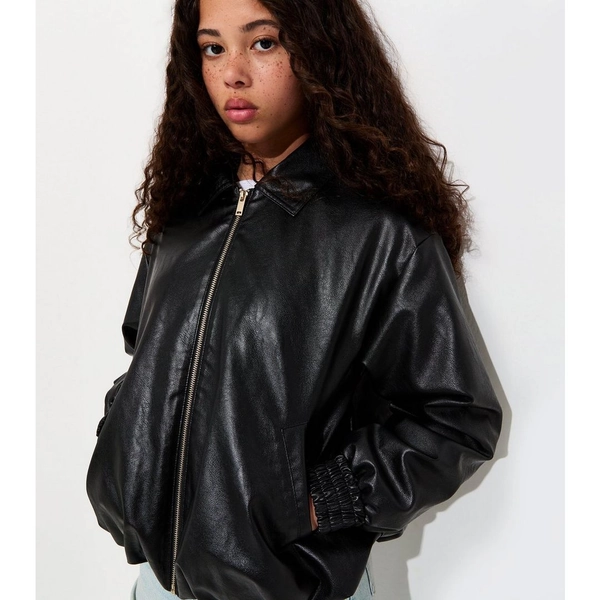 Girls Black Faux Leather Bubble Hem Bomber Jacket | New Look