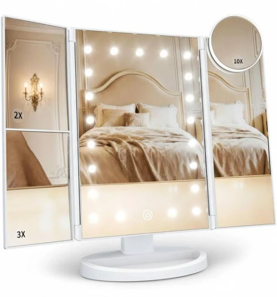 OMOMMD Trifold Vanity Mirror With Lights 2x3x10x Magnification Touch Control Dual Power Compact Design Gifts For Mom Women Dorm Room