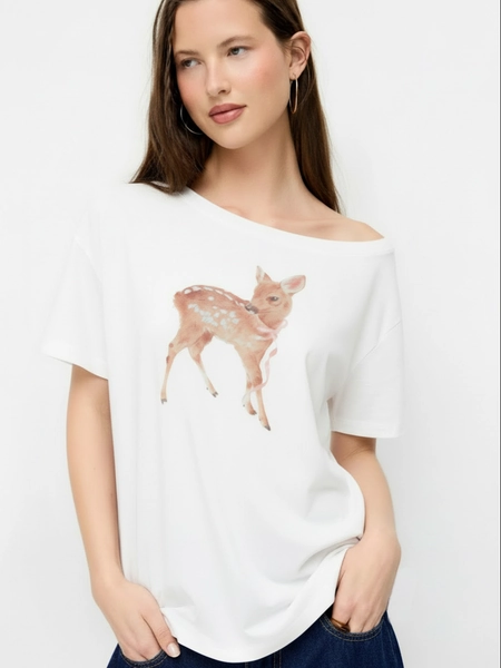 Cotton-blend Deer Graphic Asymmetrical Neck Oversized Tee