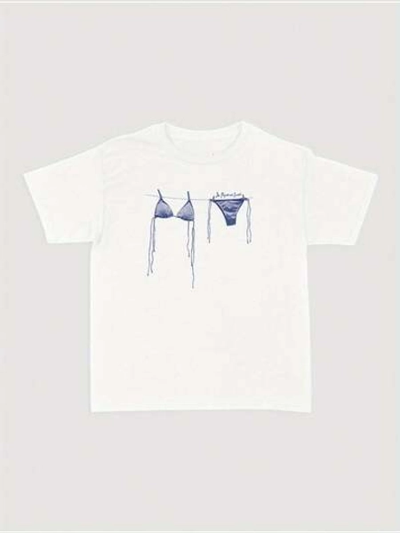 Chic Women's Graphic Tee - Soft, Breathable & Vibrant Printed Design - Casual Crew Neck Short Sleeve T-Shirt With Minimalist Blueprint Bra Top